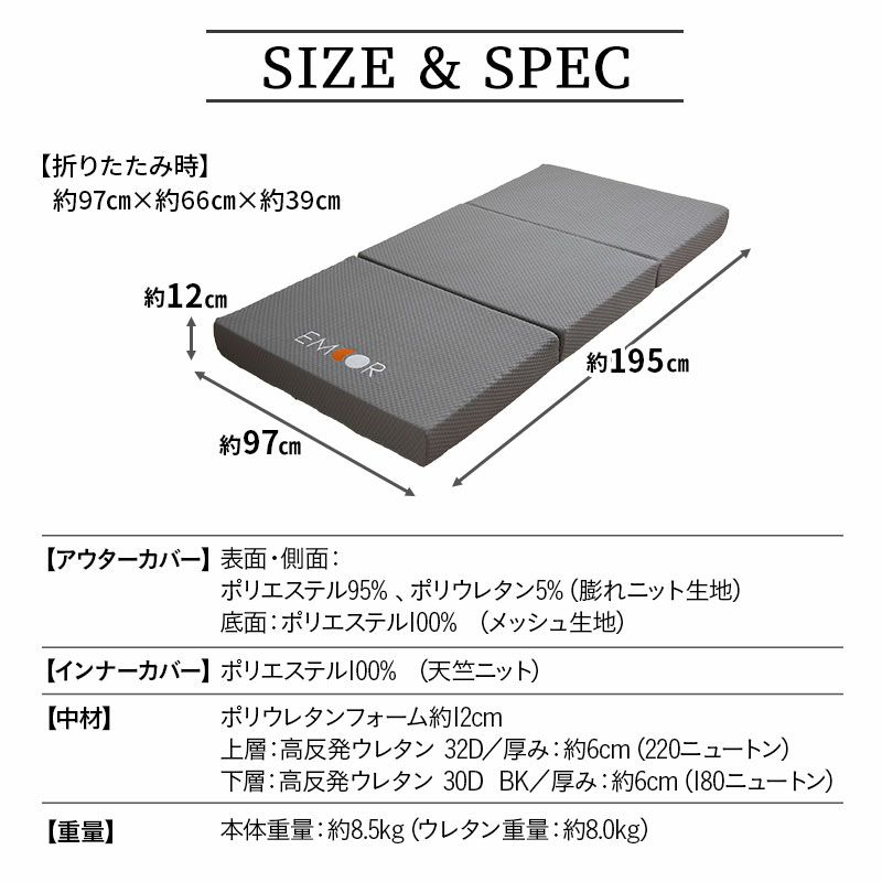 マットレス シングル 三つ折り 折りたたみ 極厚 12cm 高反発 高密度 ウレタン かため 洗える 抗菌加工 フィット性 通気性 体圧分散 高機能 GRAND MATTRESS グランド