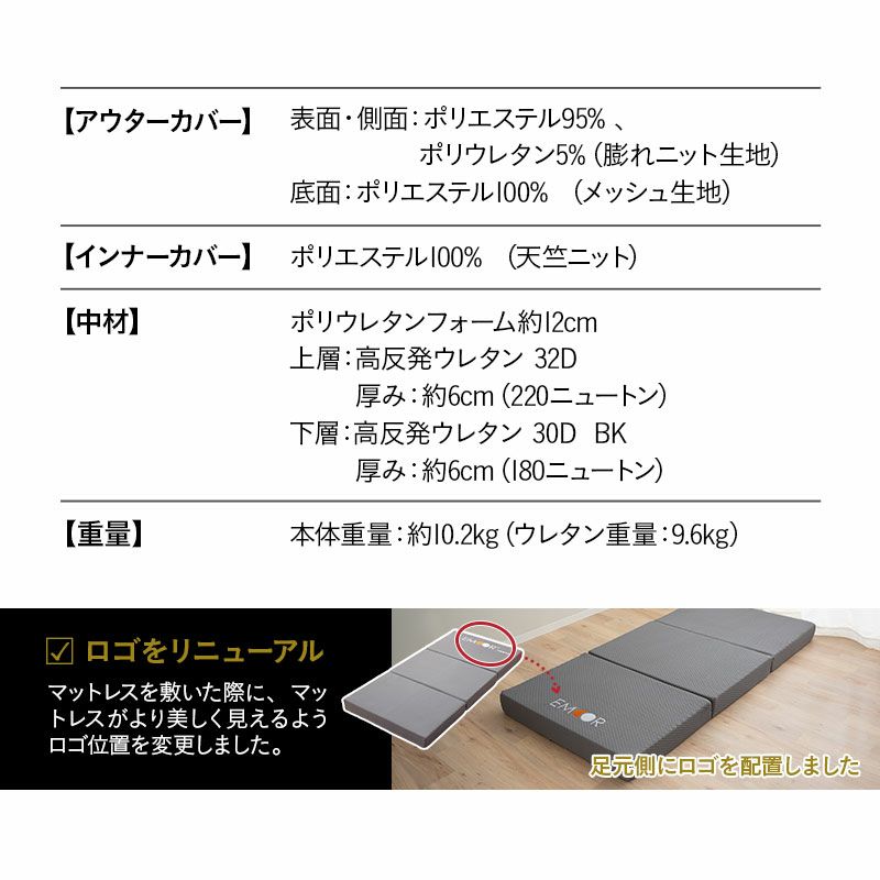 マットレス セミダブル 三つ折り 折りたたみ 極厚 12cm 高反発 高密度 ウレタン かため 洗える 抗菌加工 フィット性 通気性 体圧分散 高機能 GRAND MATTRESS グランド