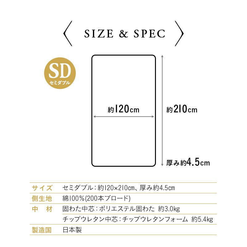 エムールカラー アンダーマットレス セミダブル 日本製 綿100％ 抗菌 防臭 防ダニ 極厚 軽量 三つ折り 折りたたみ マットレス 敷き布団 固わた チップウレタン 岡田 OKADA ブランド