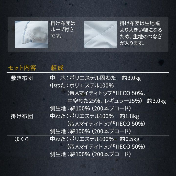 日本製 体にフィットする 布団セット 3点セット 抗菌 防臭 防ダニ 綿100％ 200本ブロード生地 カイザー2