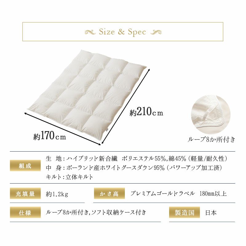 日本製 プレミアムゴールドラベル 羽毛布団 セミダブル 収納ケース付き ポーランド産 ホワイトグースダウン 95％