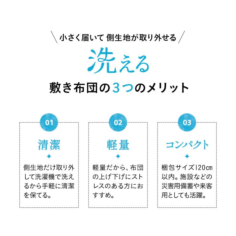 洗える敷き布団 敷き布団 シングル 体に触れる部分を取り外して洗える 側生地を取り外して洗える 着脱式 清潔 衛生的 軽量 コンパクト 来客用 防災 災害用備蓄 託児所 介護施設 老人ホーム ゲストハウス 仮眠室 寮 合宿施設 宿泊施設