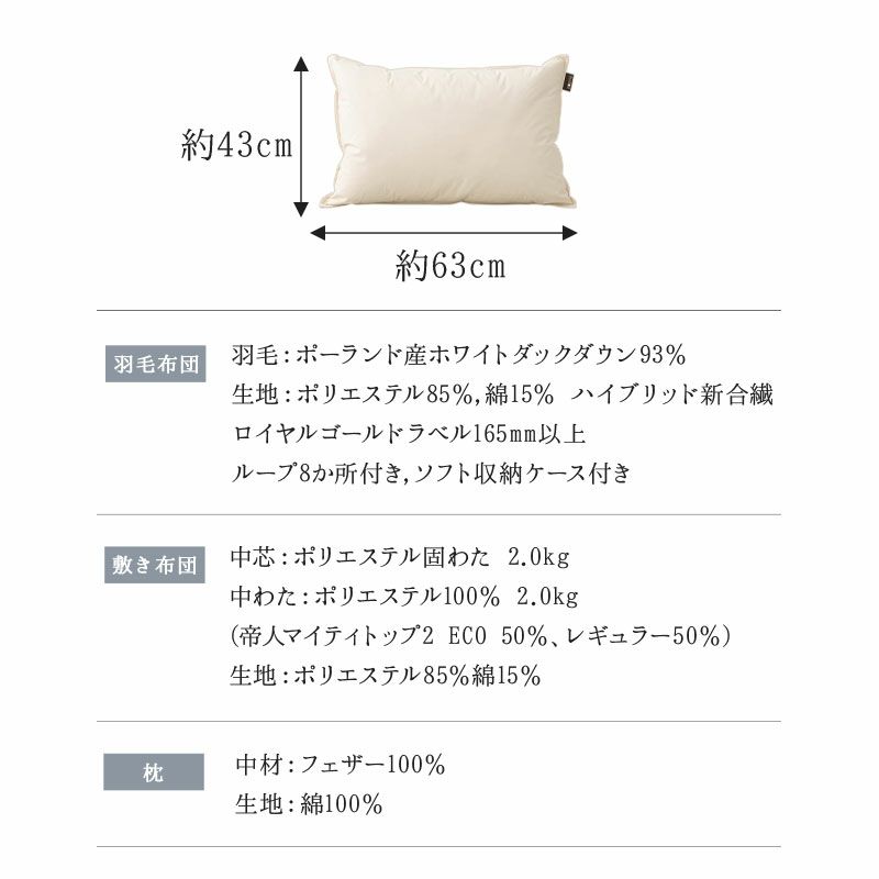 日本製 ロイヤルゴールドラベル 羽毛布団3点セット シングル 羽毛布団 敷き布団 枕 組布団 掛け敷き枕 高品質 オールシーズン ハンガリー産 ホワイトダックダウン 93％