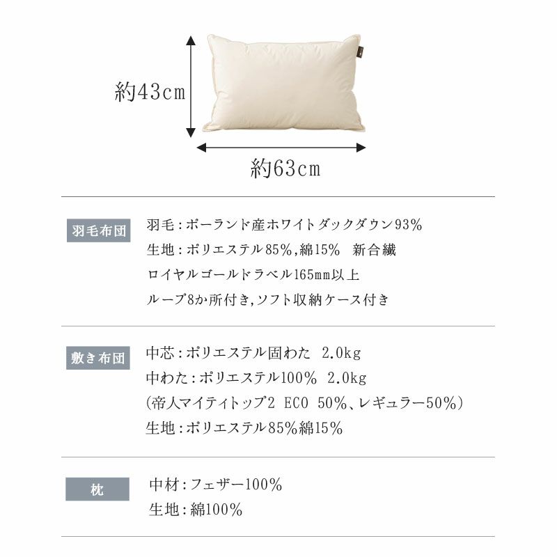 日本製 ロイヤルゴールドラベル 羽毛布団3点セット シングル 収納ケース付き 羽毛布団 敷き布団 枕 ポーランド産 ホワイトダックダウン 93％