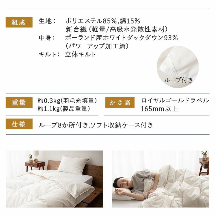 日本製 ロイヤルゴールドラベル ダウンケット 羽毛肌掛け布団 羽毛布団 シングル 非圧縮 高品質 オールシーズン ポーランド産 ホワイトダックダウン 93％