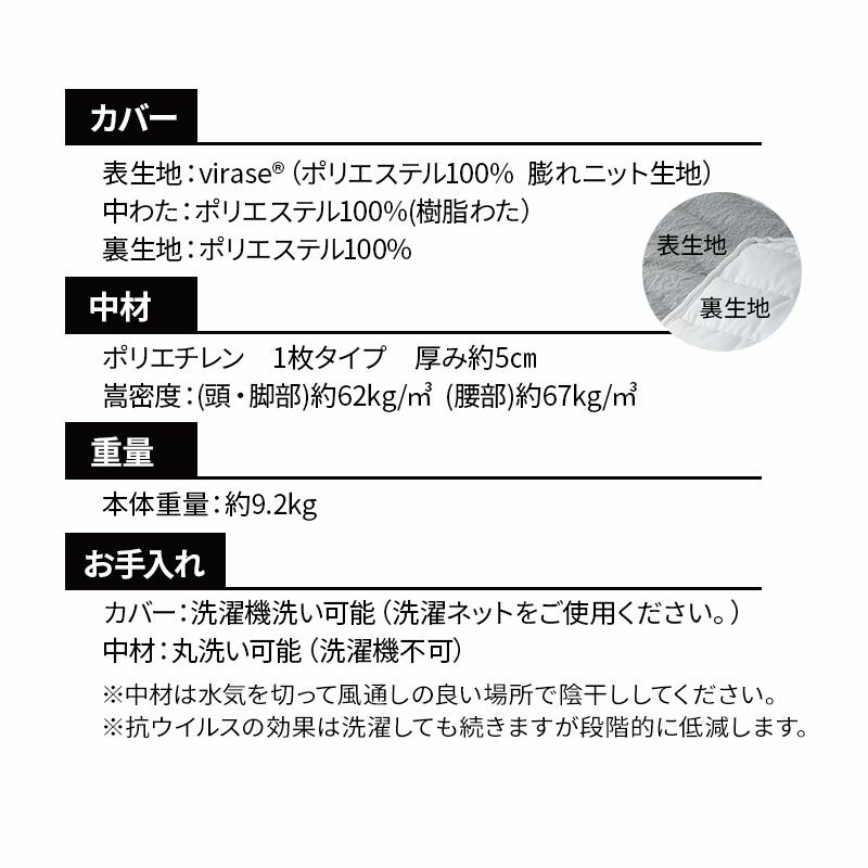 マットレス 敷布団 シングル 抗ウィルス 8cm 極厚 通気性抜群 3つ折り 折りたたみ 高反発 3Dファイバー 体圧分散 吸湿発散 丸洗い 清潔 衛生的 ウルトラウォッシュマットレス ultra wash mattress