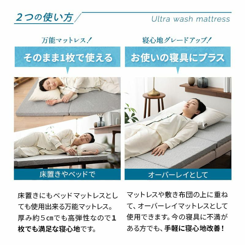 マットレス 敷布団 シングル セミダブル ダブル クイーン 抗ウィルス 通気性抜群 3つ折り 折りたたみ 高反発 3Dファイバー 体圧分散 丸洗い 清潔 衛生的 ウルトラウォッシュマットレス ultra wash mattress