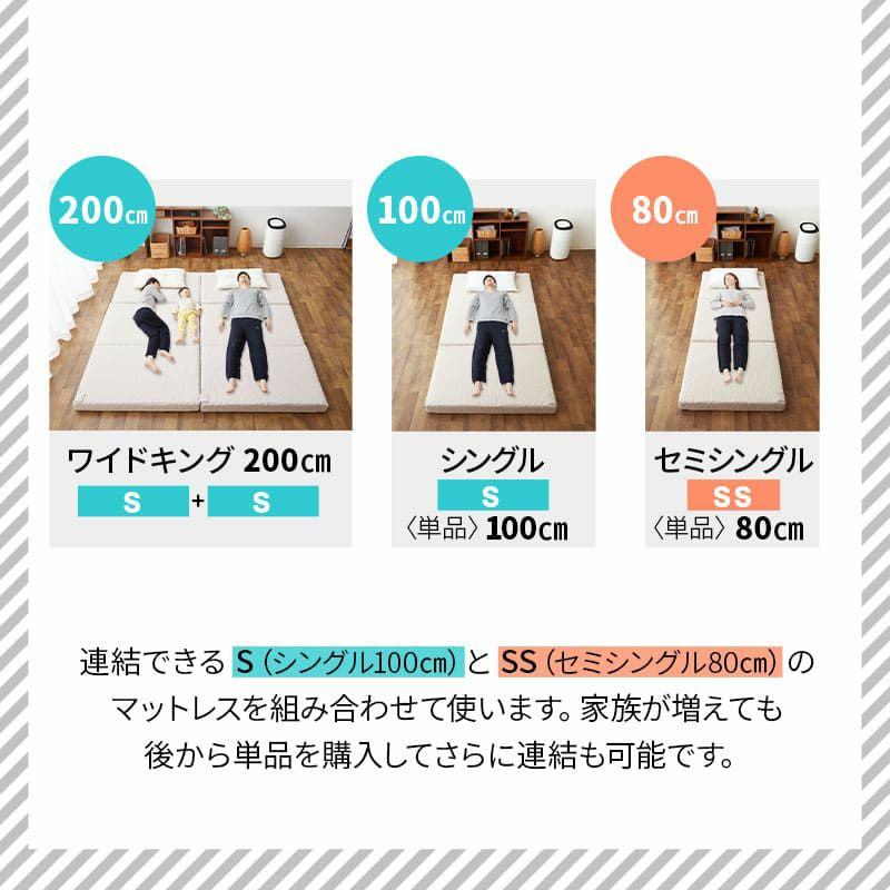 ファミリーマットレス 連結可能 セミシングル シングル ワイドキング 80cm 100cm 200cm 240cm 300cm 三つ折り 折りたたみ マットレス 高反発 ウレタン 極厚 体圧分散 EMOOR SUPPORT エムールサポート