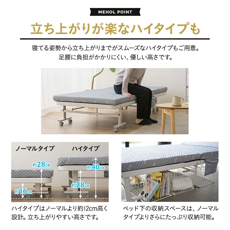 折りたたみベッド シングルサイズ スリムサイズ ハイタイプ メホール スマート 高反発ウレタンマットレス付き 背もたれ5段階リクライニング ファブレザー お手入れ簡単 コンパクト 収納 送料無料