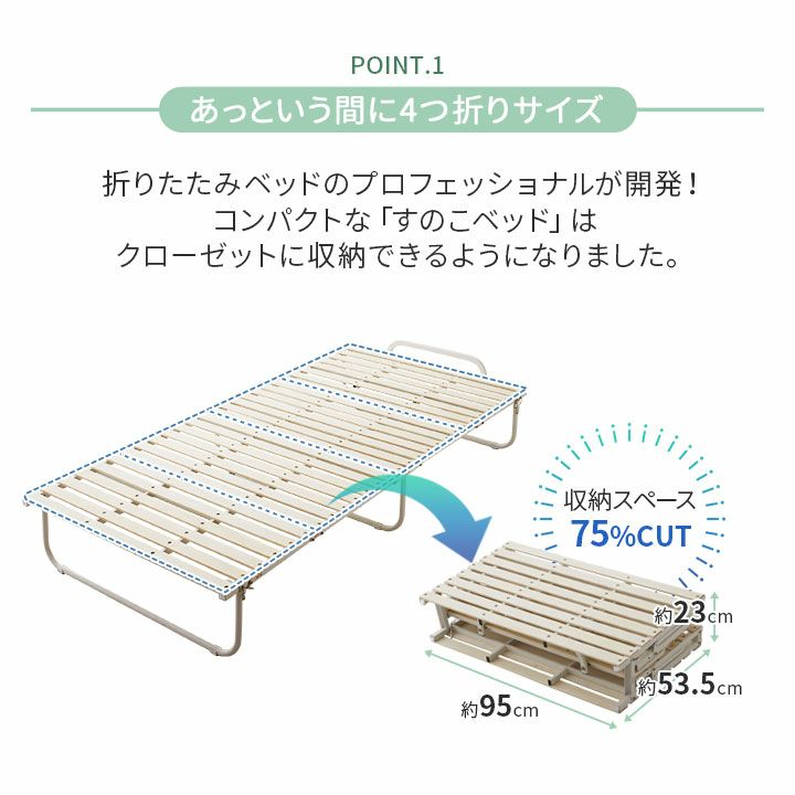 クローゼットに収納できる 4つ折り すのこベッド シングルサイズ