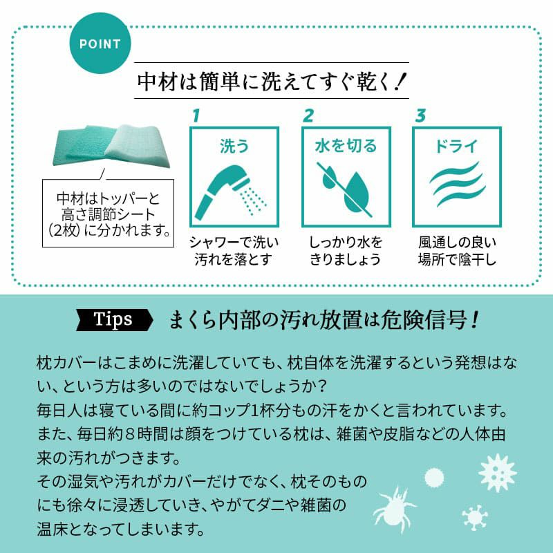 枕 ピロー トッパー 43×63cm 高反発 抗ウィルス まるごと 洗える 高さ調整