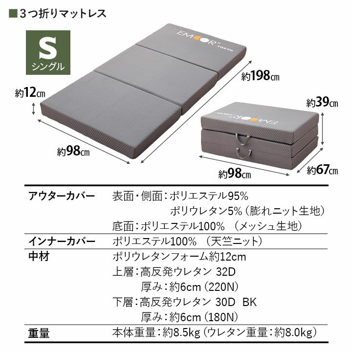 すのこベッド 三つ折りマットレス セット シングルサイズ ヘッドボード付き 2口コンセント付き 天然木 通気性 除湿 体圧分散 反発力 耐久性