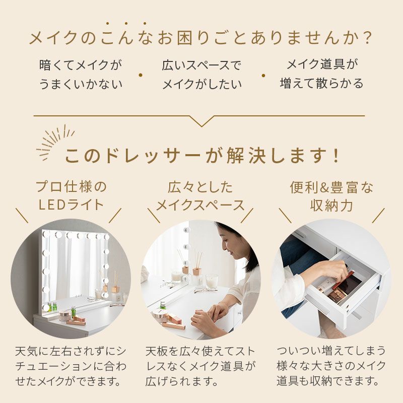 LEDライト付き ドレッサー 鏡台 デスク テーブル スツール ハリウッドミラー 女優ミラー 鏡 ミラー 卓上 化粧 メイクアップ NEO
