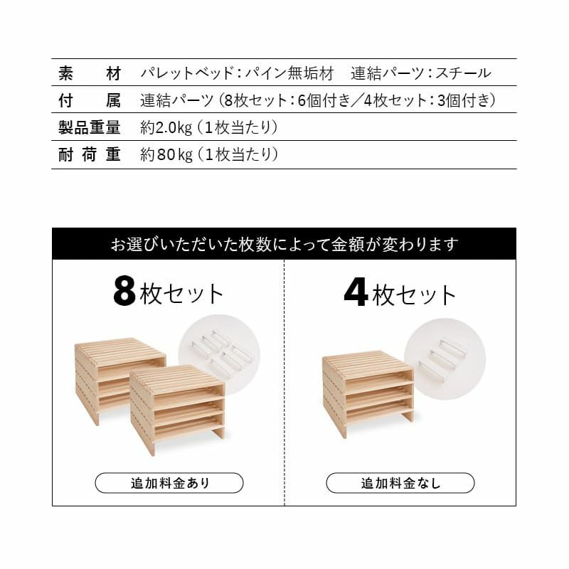 パレットベッド 8枚セット 4枚セット 正方形 追加購入用 連結パーツ付き 組み換え 自由 木製 天然木 無垢材 ベッド ベンチ サイドテーブル 和 空間美