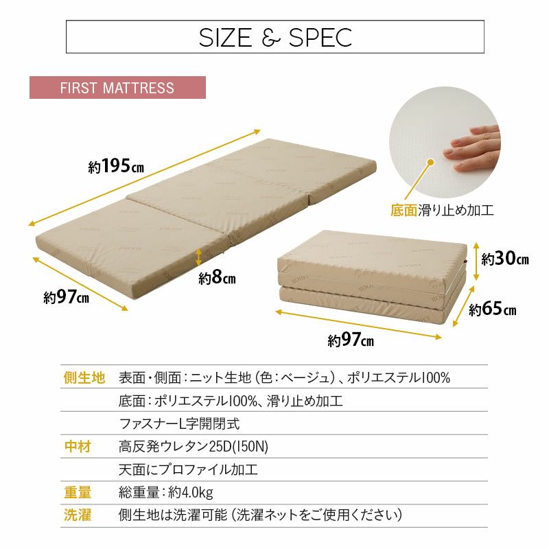 マットレス シングル 三つ折り 厚み8cm FIRST MATTRESS 高反発 ウレタン 高密度 150N 25D 柔らかめ 