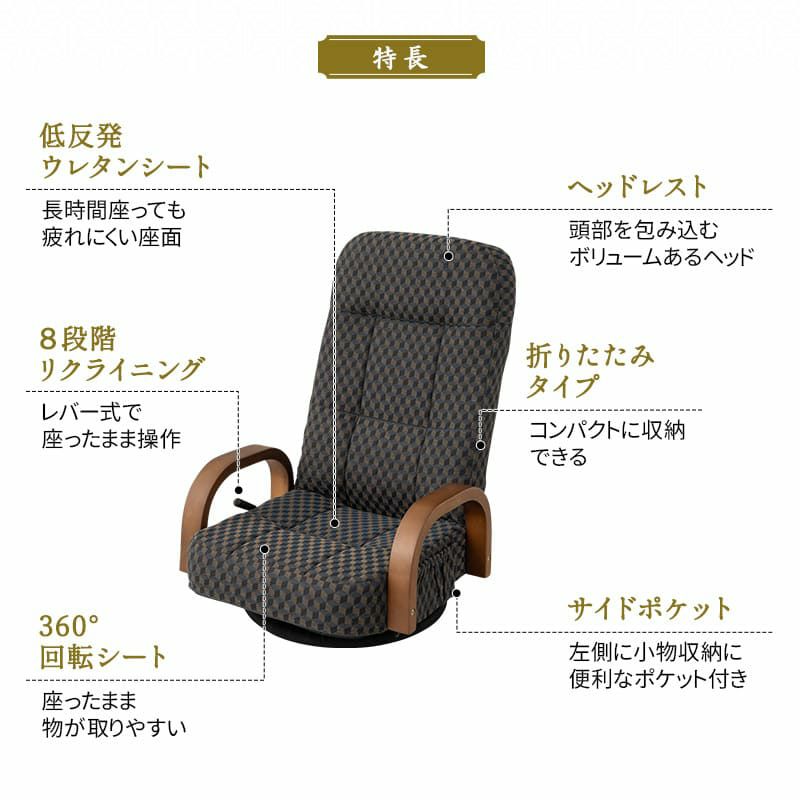 回転座椅子 リクライニング レバー式 ゆるり 一人用 回転式 肘付き 座椅子 パーソナルチェア 椅子