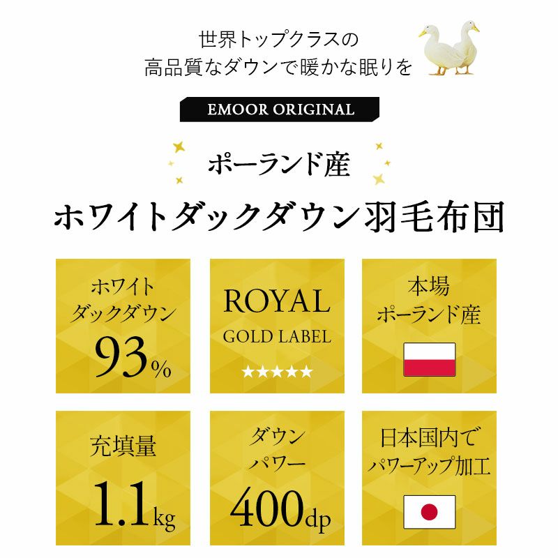 日本製 ロイヤルゴールドラベル 羽毛布団 シングル 収納ケース付き 非圧縮 高品質 オールシーズン ポーランド産 ホワイトダックダウン 93％