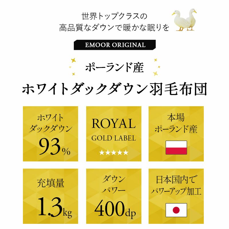 日本製 ロイヤルゴールドラベル 羽毛布団 セミダブル 収納ケース付き 非圧縮 高品質 オールシーズン ポーランド産 ホワイトダックダウン 93％