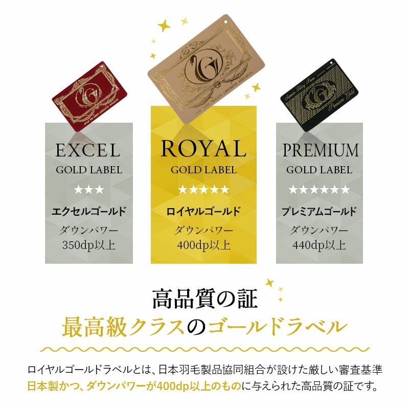 日本製 ロイヤルゴールドラベル 羽毛布団 クイーン 非圧縮 抗菌 防臭