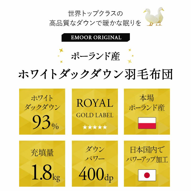 日本製 ロイヤルゴールドラベル 羽毛布団 キング 収納ケース付き 非圧縮 高品質 オールシーズン ポーランド産 ホワイトダックダウン 93％