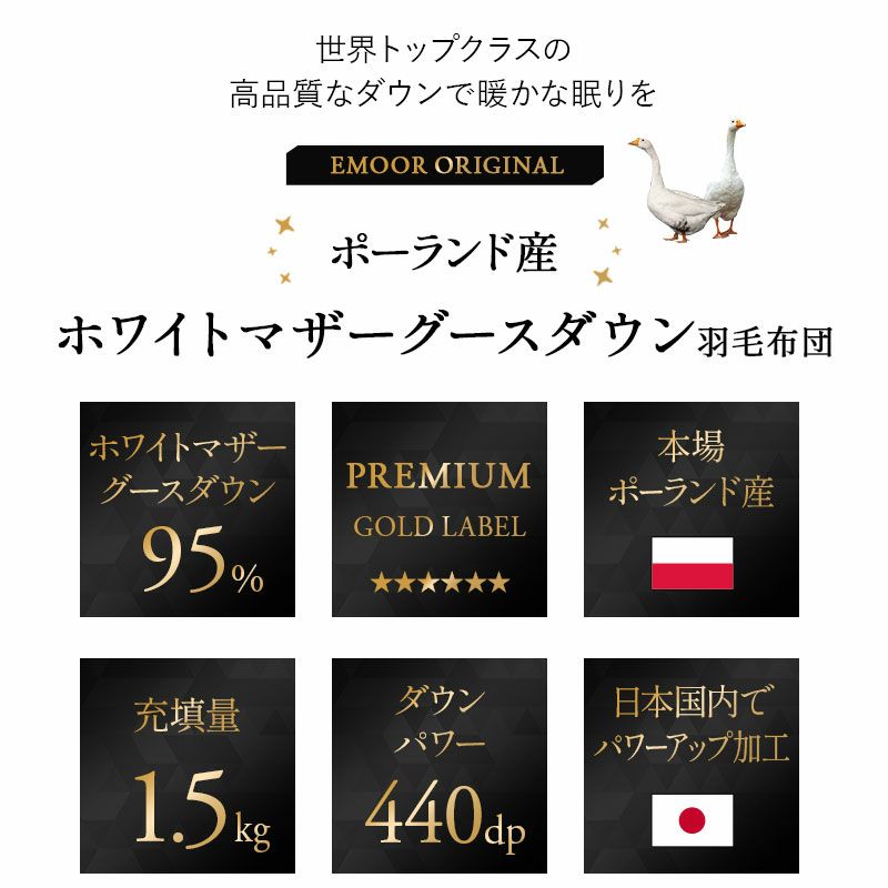 日本製 プレミアムゴールドラベル 羽毛布団 ダブル 収納ケース付き 非圧縮 高品質 最高級 オールシーズン ポーランド産 ホワイトマザーグースダウン 95％