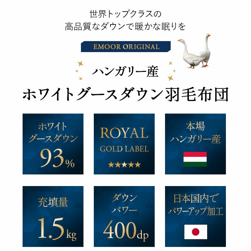 日本製 ロイヤルゴールドラベル 羽毛布団 ダブル 収納ケース付き 非圧縮 高品質 最高級 オールシーズン ハンガリー産 ホワイトグースダウン 93％