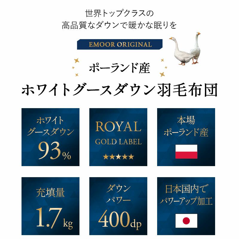 日本製 ロイヤルゴールドラベル 羽毛布団 クイーン 収納ケース付き 非圧縮 高品質 最高級 オールシーズン ポーランド産 ホワイトグースダウン 93％