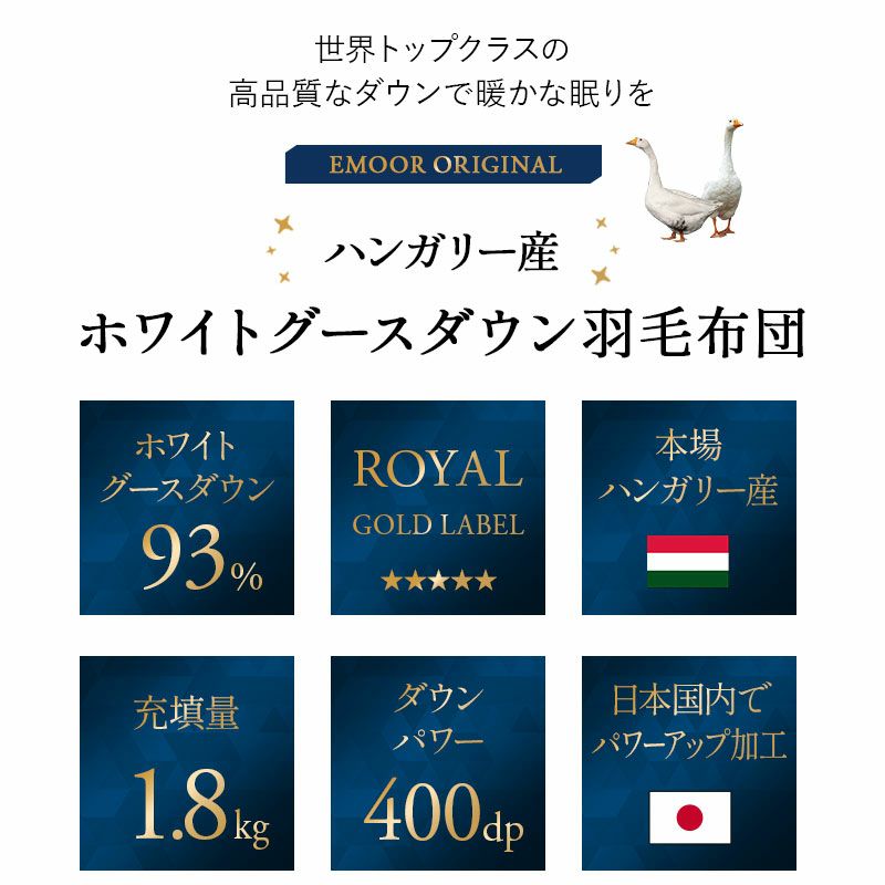 日本製 ロイヤルゴールドラベル 羽毛布団 キング 収納ケース付き 非圧縮 高品質 最高級 オールシーズン ハンガリー産 ホワイトグースダウン 93％