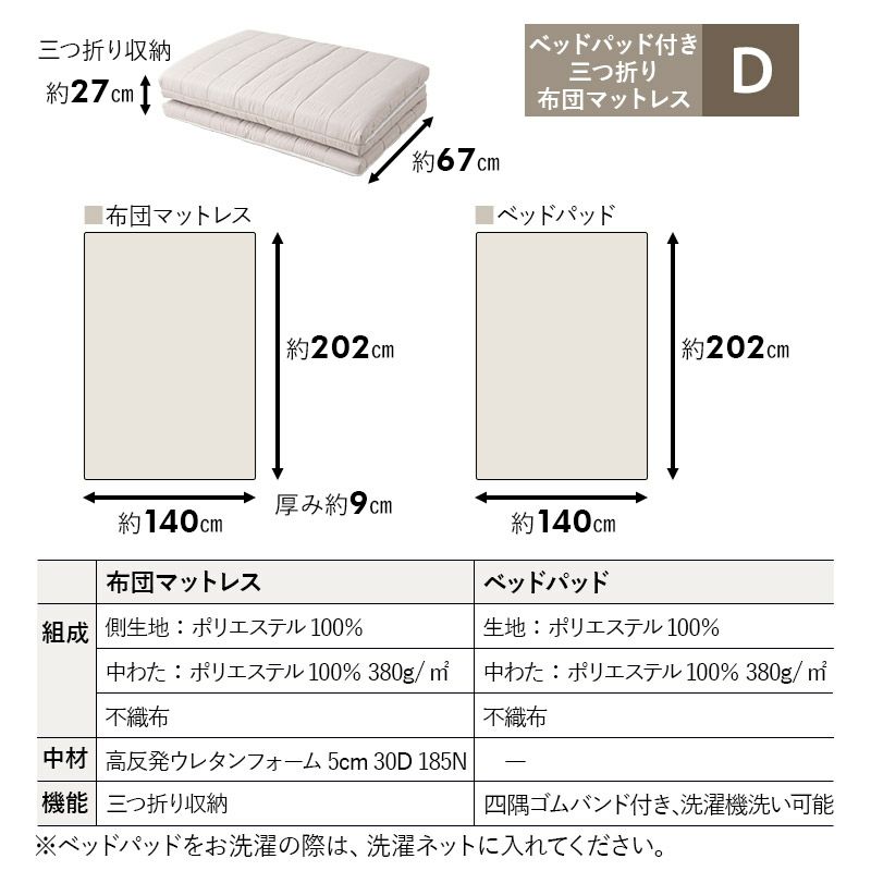 布団マットレス マチ付き ベッドパッド付き 折りたたみ 三つ折り マットレス 敷き布団 収納バンド コンパクト 収納 高反発 ウレタン わた ふわふわ 厚さ 厚み 9cm 極厚 厚手 ボリューム