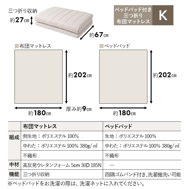 布団マットレス マチ付き ベッドパッド付き 折りたたみ 三つ折り マットレス 敷き布団 収納バンド コンパクト 収納 高反発 ウレタン わた ふわふわ 厚さ 厚み 9cm 極厚 厚手 ボリューム