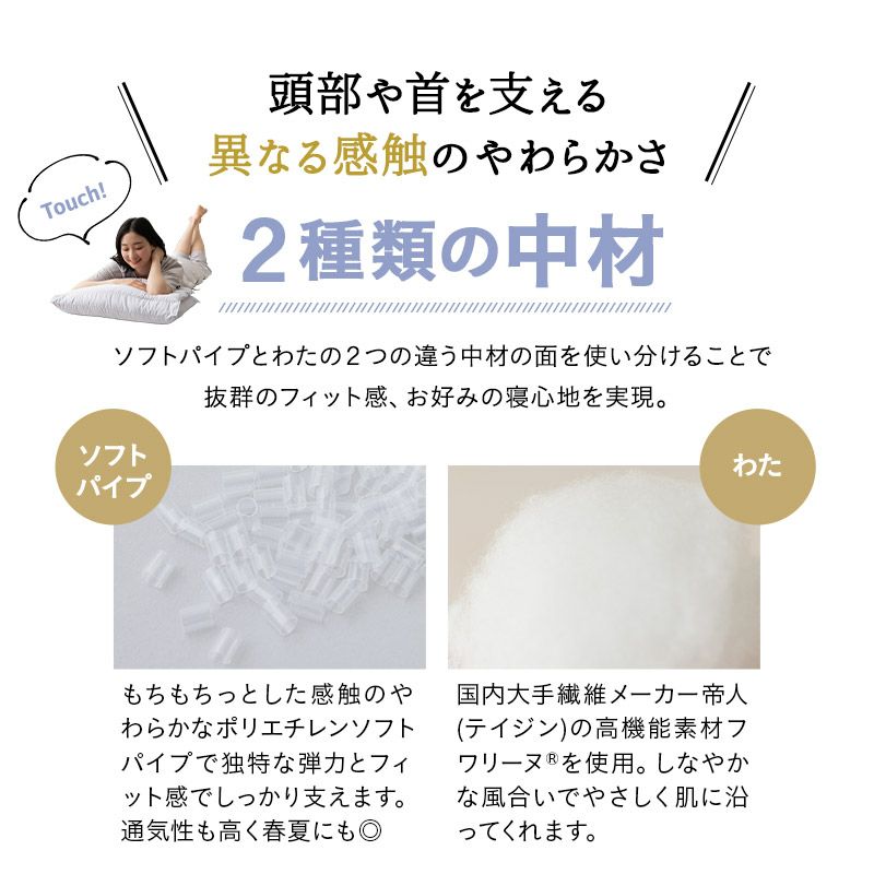 日本製 こだわり 重ね枕 43×63cm 綿100％ 洗える 丸洗い 手洗い 変形枕 寝姿勢に合わせる枕 自分に合う枕 スタイルチェンジ 自由自在 パイプ わた