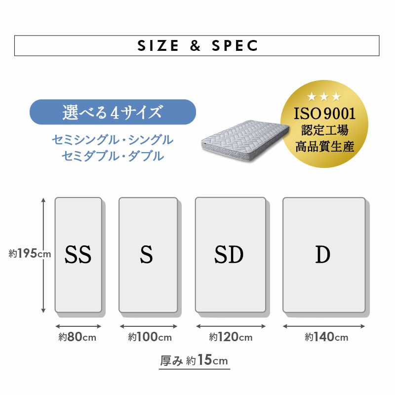 ポケットコイル マットレス セミシングル シングル セミダブル ダブル 薄型 15cm 体圧分散 沈みにくい 立ち座りしやすい 日本人好み 寝心地 弾力 ベッド 布団 EMOOR LUXE リュクス