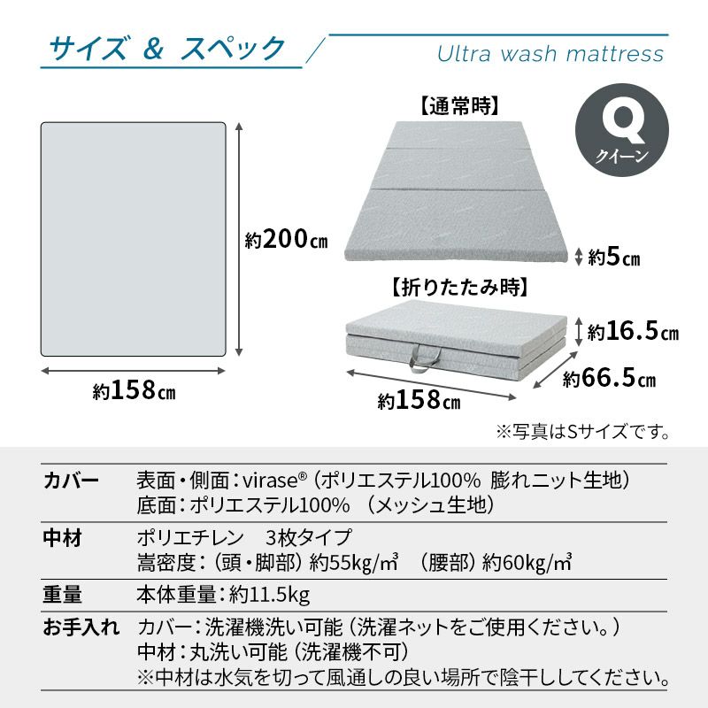 マットレス 敷布団 クイーン 抗ウィルス 通気性抜群 3つ折り 折りたたみ 高反発 3Dファイバー 体圧分散 丸洗い 清潔 衛生的 ウルトラウォッシュマットレス ultra wash mattress