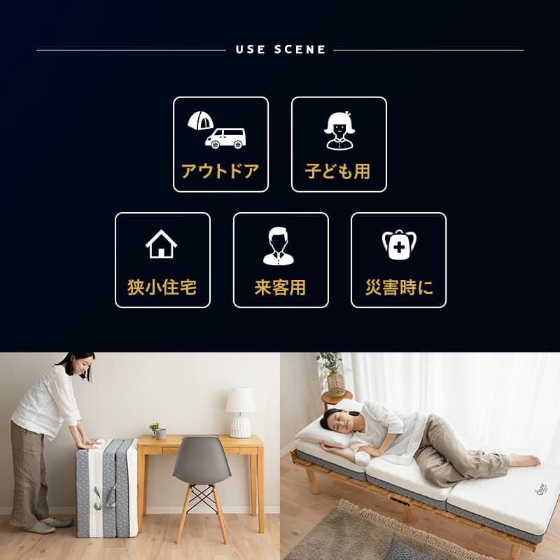 プレミアムマットレス コンパクトショート 幅65cm 三つ折り 折りたたみ 3層構造 極厚 15cm コンパクトマットレス ごろ寝マットレス 高反発 ウレタン かため 洗えるカバー キャンプ 車中泊 車載 避難 3つ折りマットレスの最高峰 PREMIUM