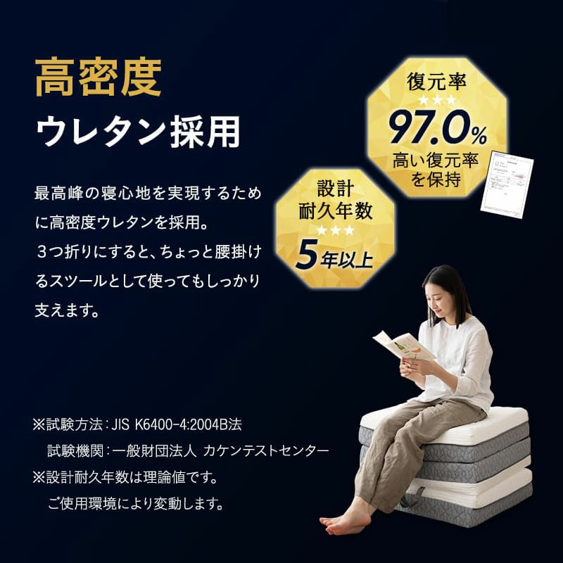プレミアムマットレス コンパクトショート 幅65cm 三つ折り 折りたたみ 3層構造 極厚 15cm コンパクトマットレス ごろ寝マットレス 高反発 ウレタン かため 洗えるカバー キャンプ 車中泊 車載 避難 3つ折りマットレスの最高峰 PREMIUM