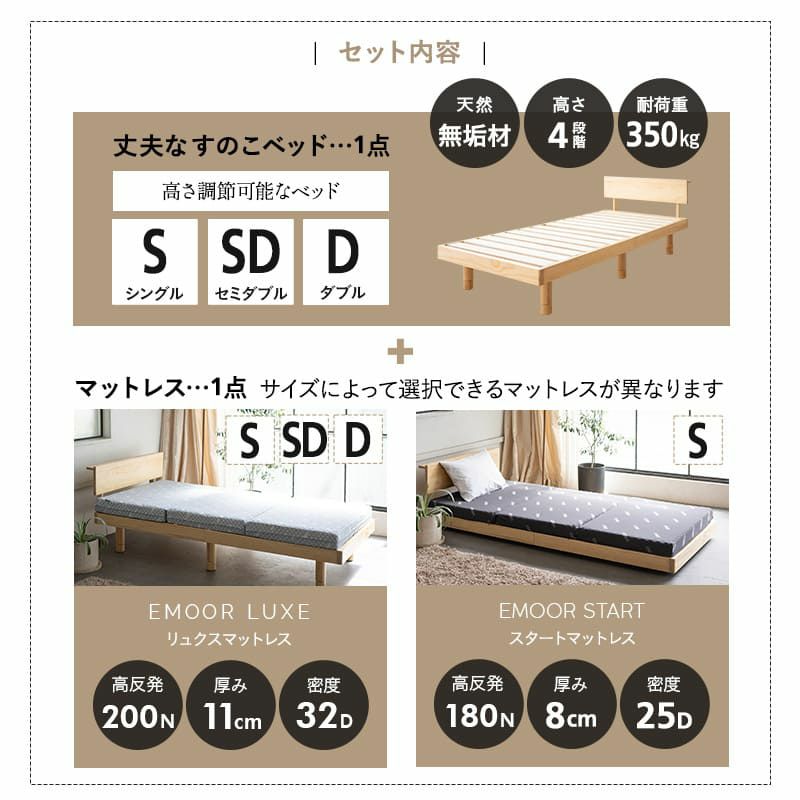 ベッド＆マットレスセット 2点セット シングル セミダブル ダブル すのこベッド ベッドフレーム 木製 天然木 三つ折りマットレス 折りたたみマットレス ウレタン 丈夫なすのこ LUXE リュクス EMOOR START エムールスタート
