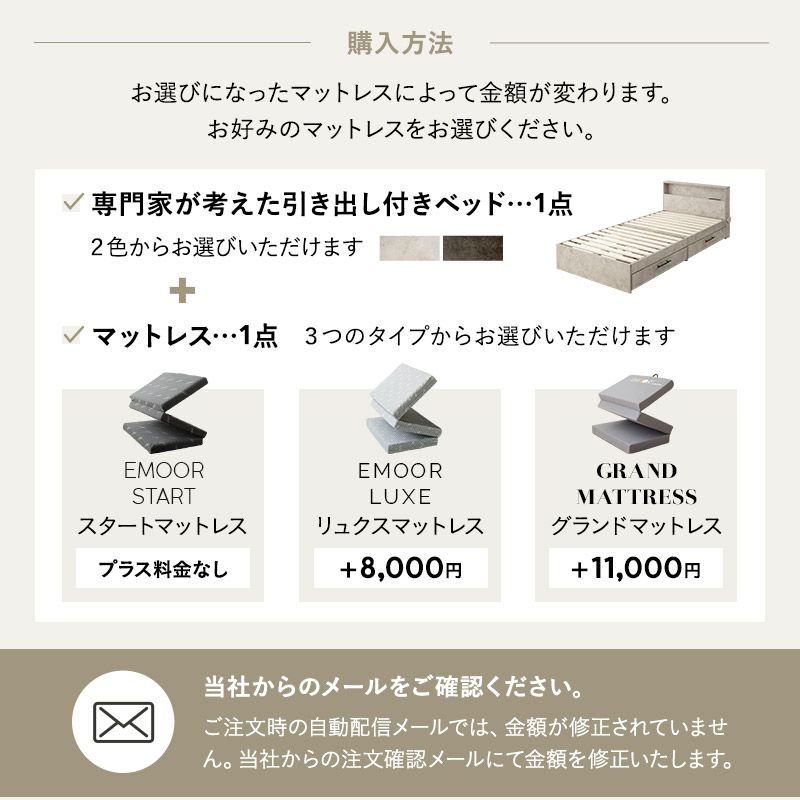 ベッド＆マットレスセット 2点セット シングル 収納付きベッド ベッドフレーム 木製 セラミック調 三つ折りマットレス 折りたたみマットレス ウレタンマットレス 体圧分散 引き出し付き EMOOR START エムールスタート LUXE リュクス GRAND グランド