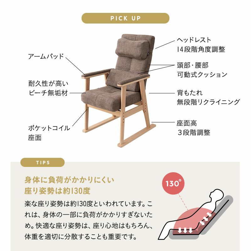 高座椅子 リクライニングチェア 「お客様の声」から誕生 可動式クッション付き 頭部 腰部 フィット カスタマイズ 高さ調節 角度調節 フルフラット 多機能 立ち上がりやすい 腰が楽 腰痛 長時間 akari あかり TATSU-ISU
