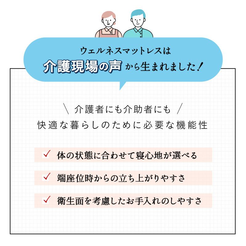 マットレス シングル 介護用 完全防水 電動ベッド対応 極厚 10cm 高反発 ウレタン ファイバー 2層構造 ハイブリッド フィット性 通気性 体圧分散 姿勢保持 床ずれ予防 寝返りサポート 衛生的 感染対策 高機能 ウェルネスマットレス