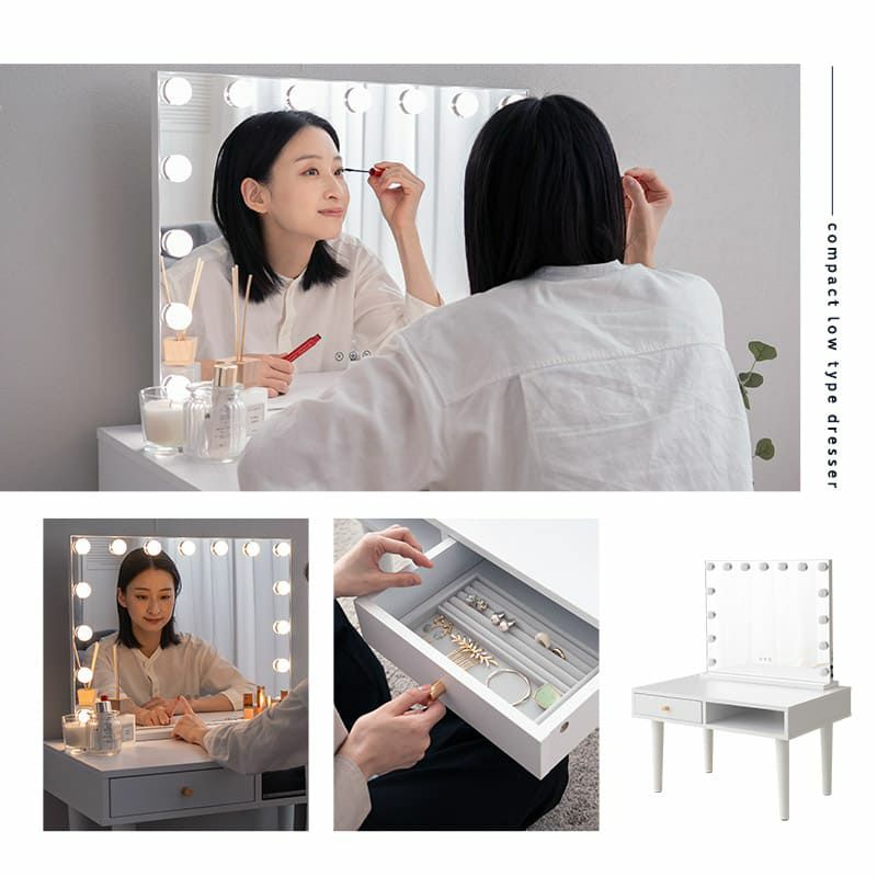 LEDライト付き ドレッサー 2点セット 鏡台 ロータイプ デスク テーブル ハリウッドミラー 女優ミラー 鏡 ミラー 卓上 化粧 メイクアップ Mystic ミスティック NEO