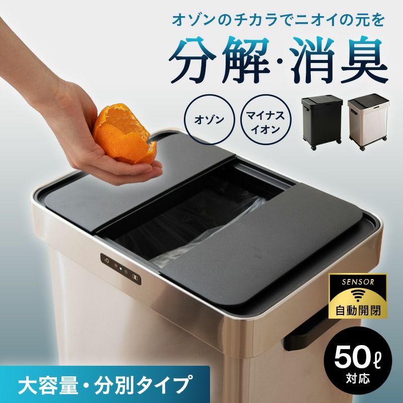 オゾン消臭機能付 電動スライドダストボックス 50L 大容量 分別 自動開閉 1年保証 50Lゴミ袋対応 高機能 ゴミ箱 ダストボックス 横31.5×縦43×高さ56 ふた付き 角型 スクエア おしゃれ スリム 省スペース