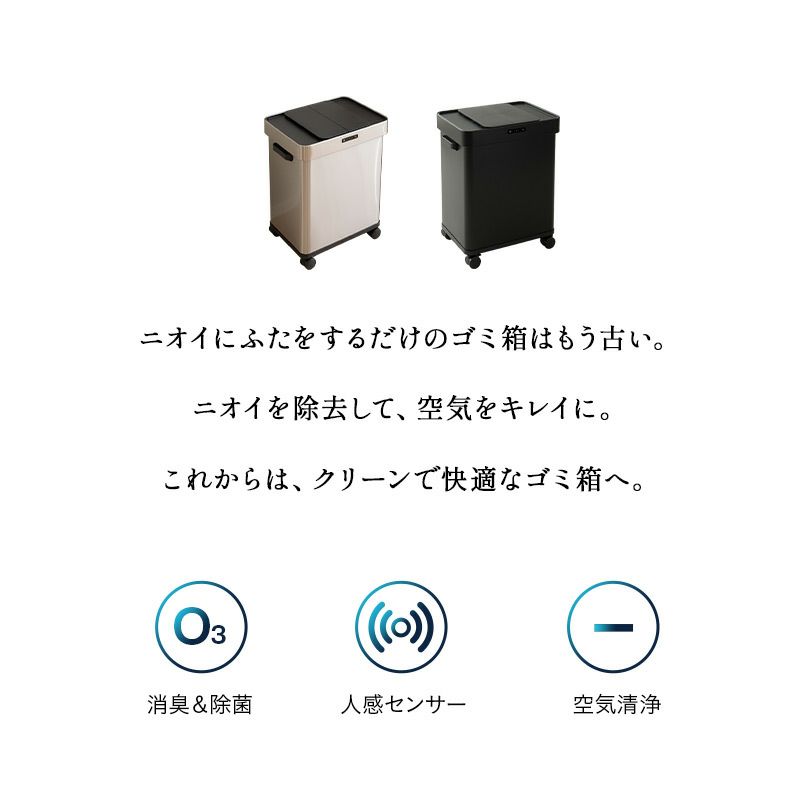 オゾン消臭機能付 電動スライドダストボックス 50L 大容量 分別 自動開閉 1年保証 50Lゴミ袋対応 高機能 ゴミ箱 ダストボックス 横31.5×縦43×高さ56 ふた付き 角型 スクエア おしゃれ スリム 省スペース