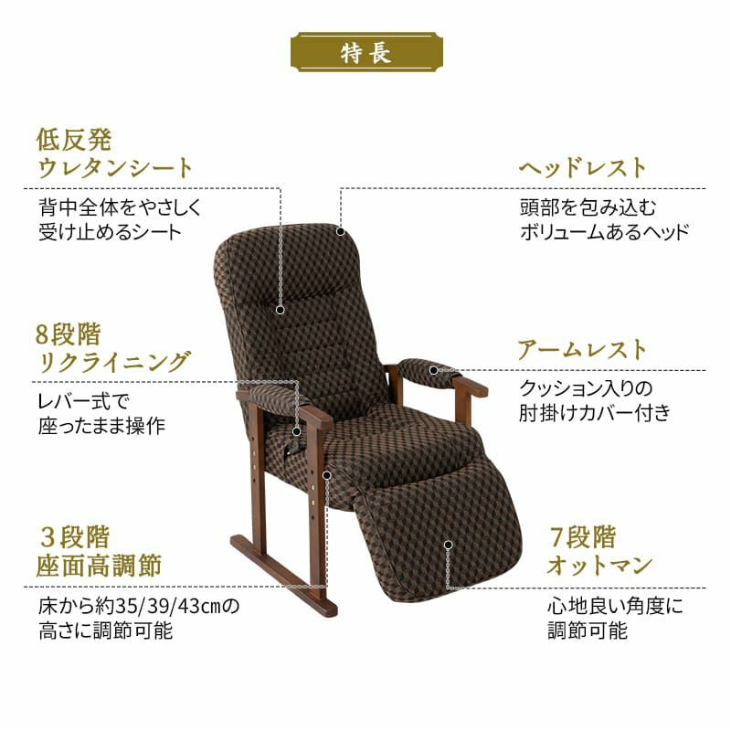 高座椅子 オットマン付き フットレスト付き リクライニング レバー式 ゆるり 一人用 パーソナルチェア 椅子