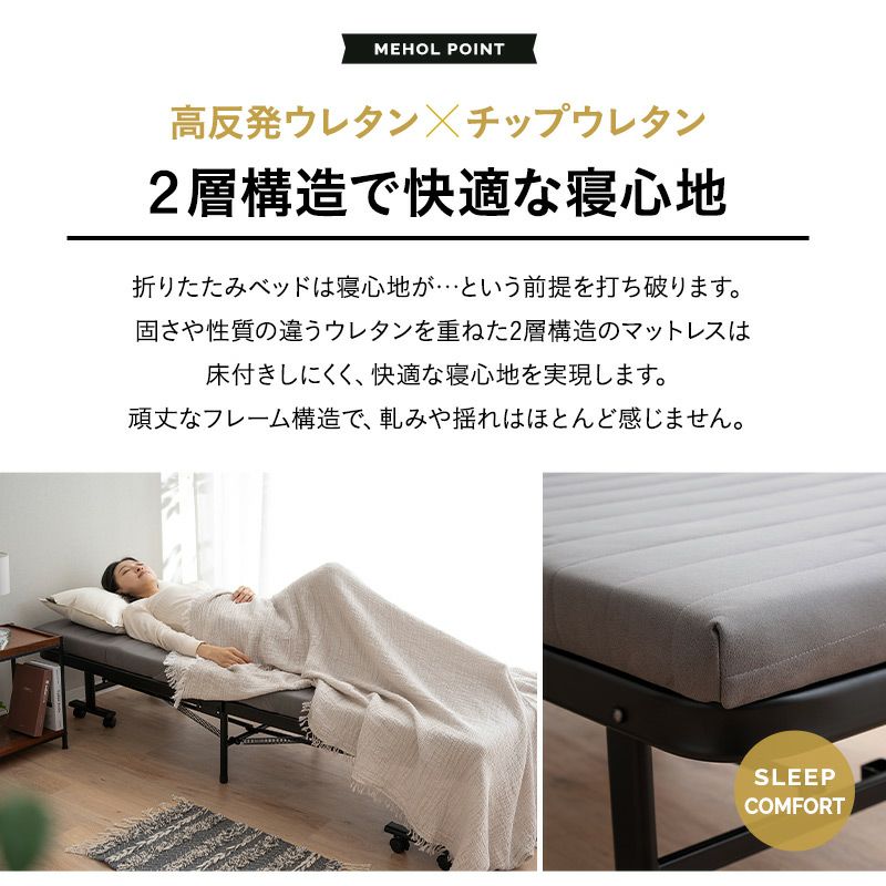 折りたたみベッド スリムサイズ ハイタイプ 完成品 高反発ウレタンマットレス付き 指はさみ防止パーツ付き 背もたれ5段階リクライニング ファブレザー お手入れ簡単 コンパクト 収納 MEHOL smart メホール スマート