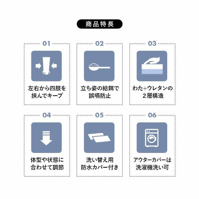 介護用 ドッグベッド ペットベッド 防水カバー付き 洗い替え E字形状 姿勢 維持 安定 床ずれ防止 誤嚥防止 負担軽減 投薬 給餌 ご飯 食事 介護 サポート