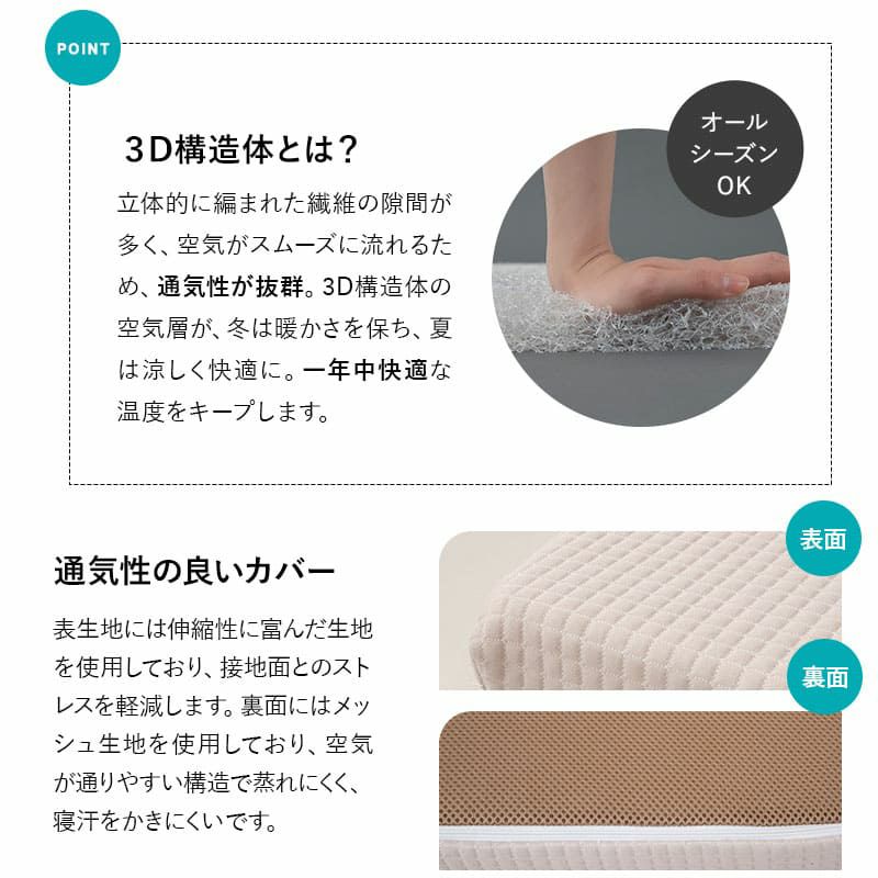 3D構造体 三つ折りマットレス シングル 折りたたみ 3つ折り マットレス 高反発 ファイバー 丸洗い 体圧分散 クッション性 耐久性 通気性抜群 寝返りサポート 深い睡眠をサポート 3D-MAT