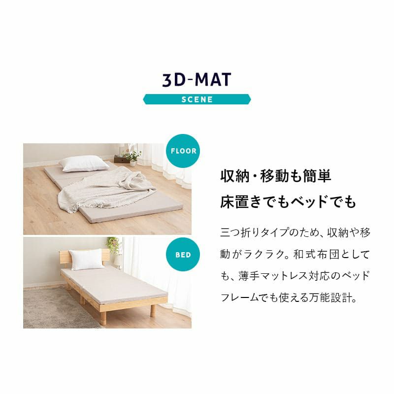 3D構造体 三つ折りマットレス シングル 折りたたみ 3つ折り マットレス 高反発 ファイバー 丸洗い 体圧分散 クッション性 耐久性 通気性抜群 寝返りサポート 深い睡眠をサポート 3D-MAT