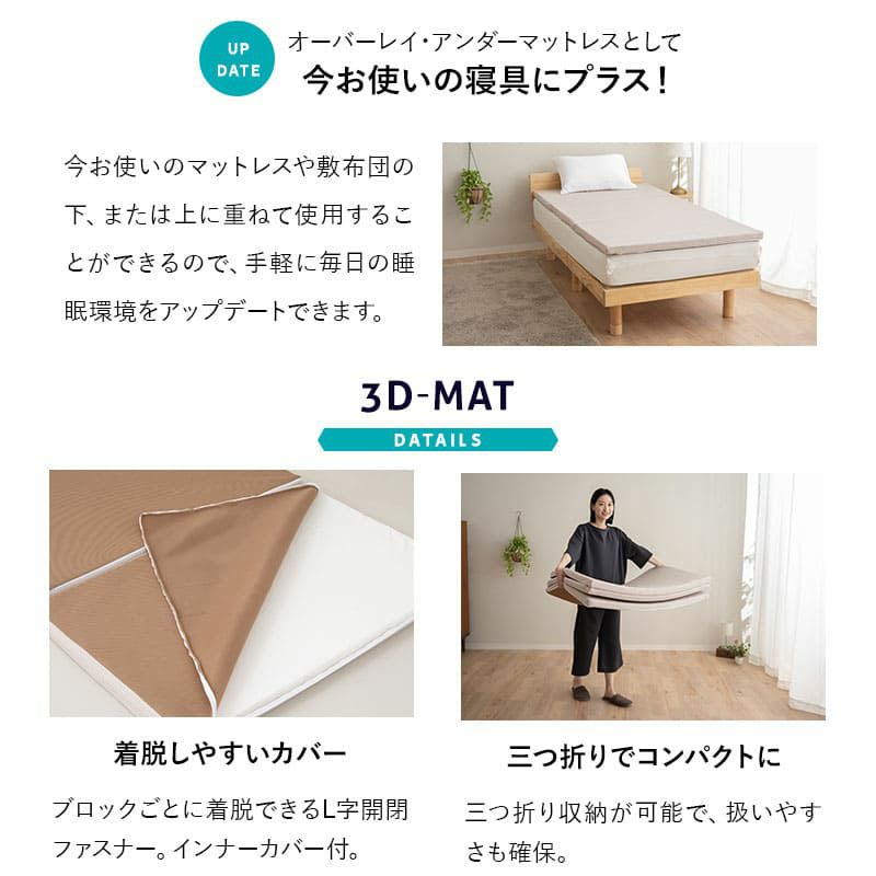 3D構造体 三つ折りマットレス シングル 折りたたみ 3つ折り マットレス 高反発 ファイバー 丸洗い 体圧分散 クッション性 耐久性 通気性抜群 寝返りサポート 深い睡眠をサポート 3D-MAT