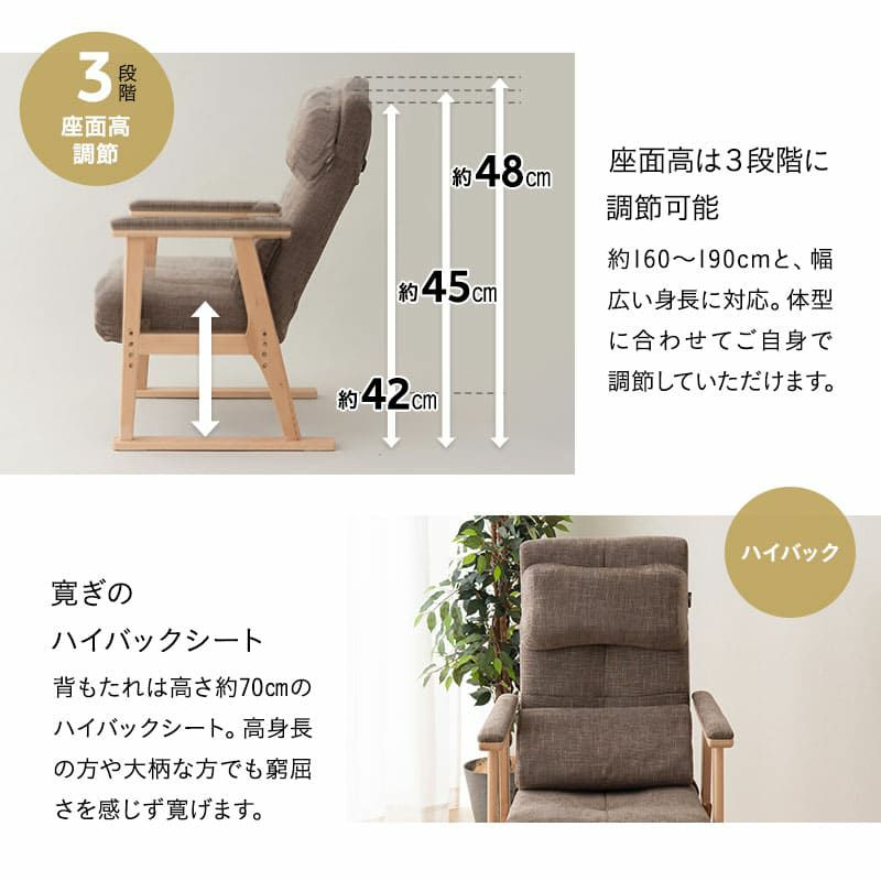 高座椅子 オットマンスツール 2点セット 可動式クッション付き ヘッドレスト付き リクライニングチェア パーソナルチェア 多機能 高さ調節 角度調節 立ち上がりやすい 疲れにくい 腰痛対策 むくみ防止 akari あかり TATSU-ISU