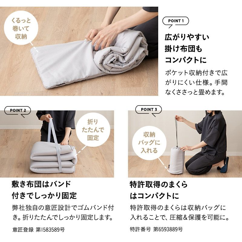 寝具コンビニ 布団4点セット コンパクト 収納バッグ付き 折りたたみ 掛け布団 敷き布団 枕 洗える 来客 旅行 アウトドア キャンプ テント 車中泊 車載 防災 災害 避難 隔離 緊急時 オフィス 自宅